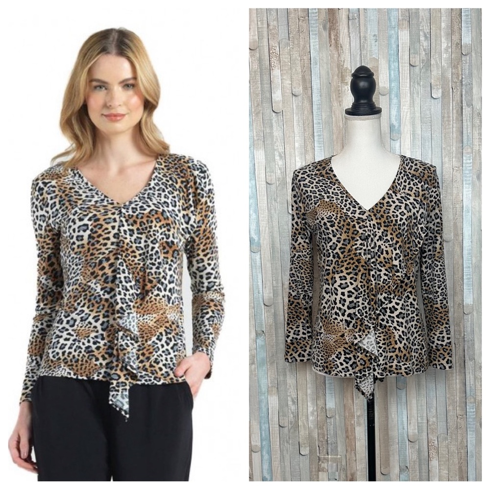 Clara Sun Woo M Leopard Cheetah Print Cascade‎ Ruffle Drape Jersey Top Blouse
